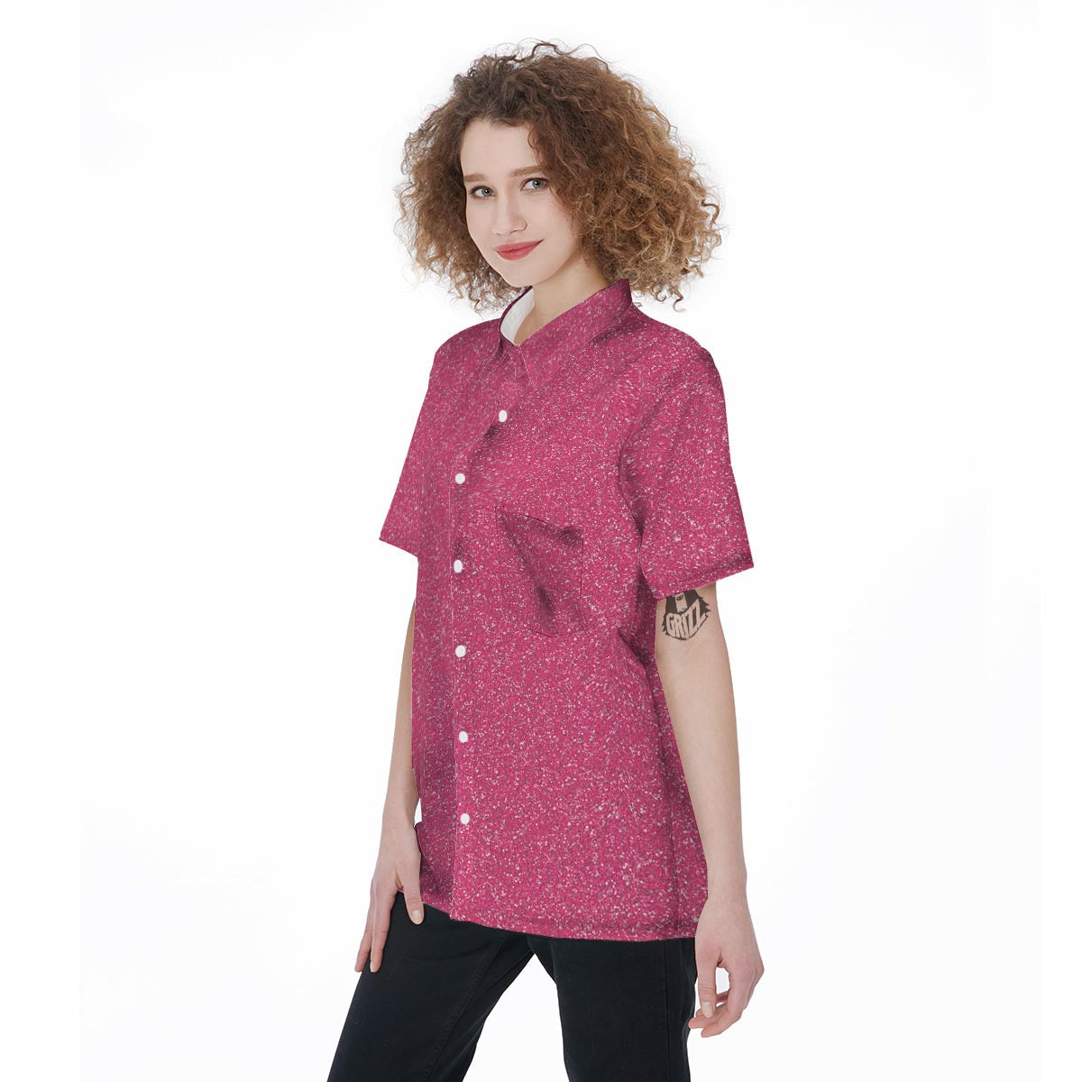 Pink Glitter Texture Print Women's Short Sleeve Shirts-grizzshop