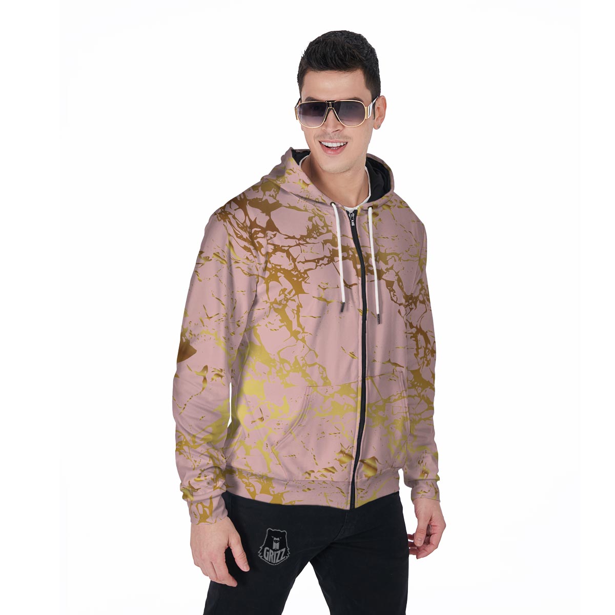 Pink Gold Marble Men's Zip Up Hoodie-grizzshop