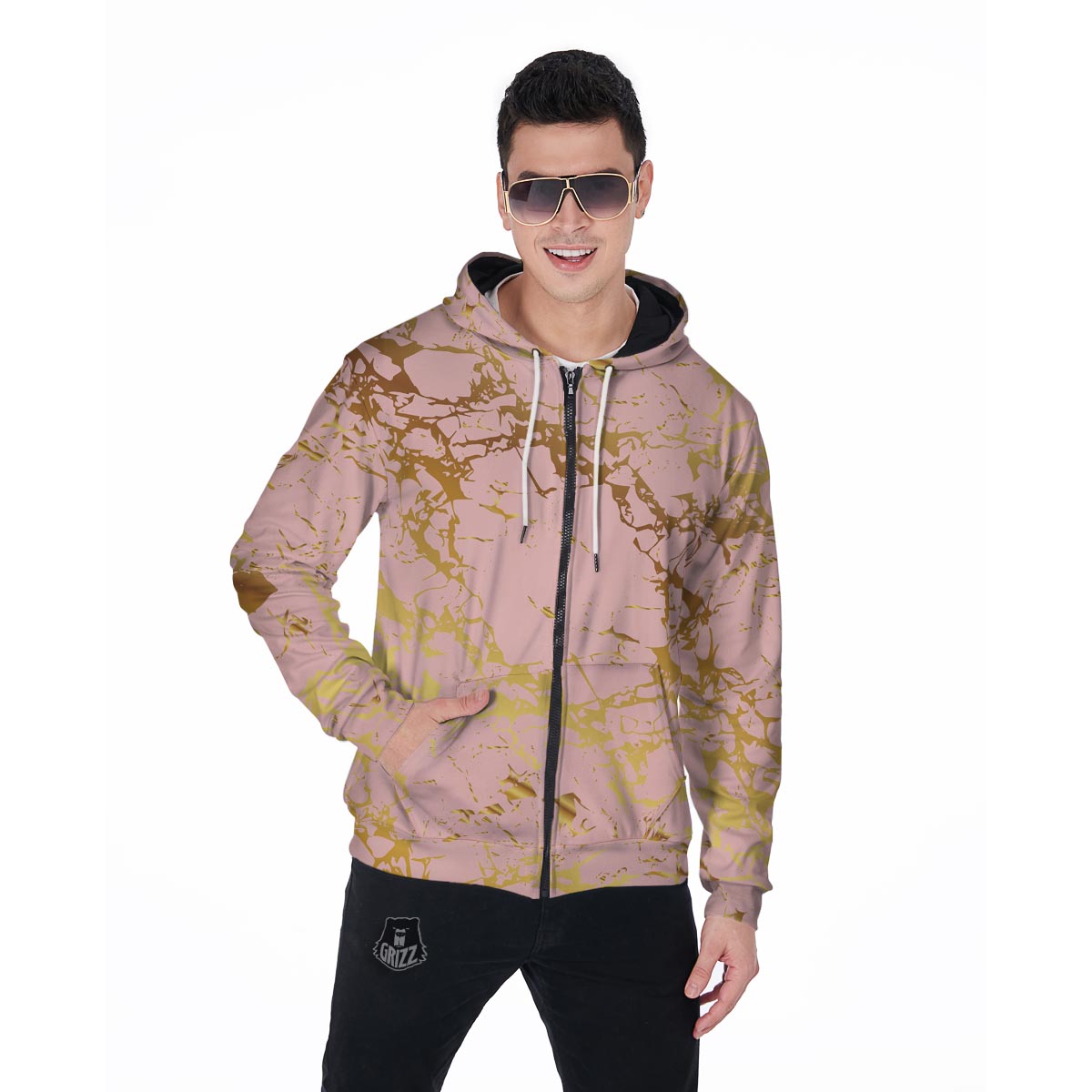 Pink Gold Marble Men's Zip Up Hoodie-grizzshop