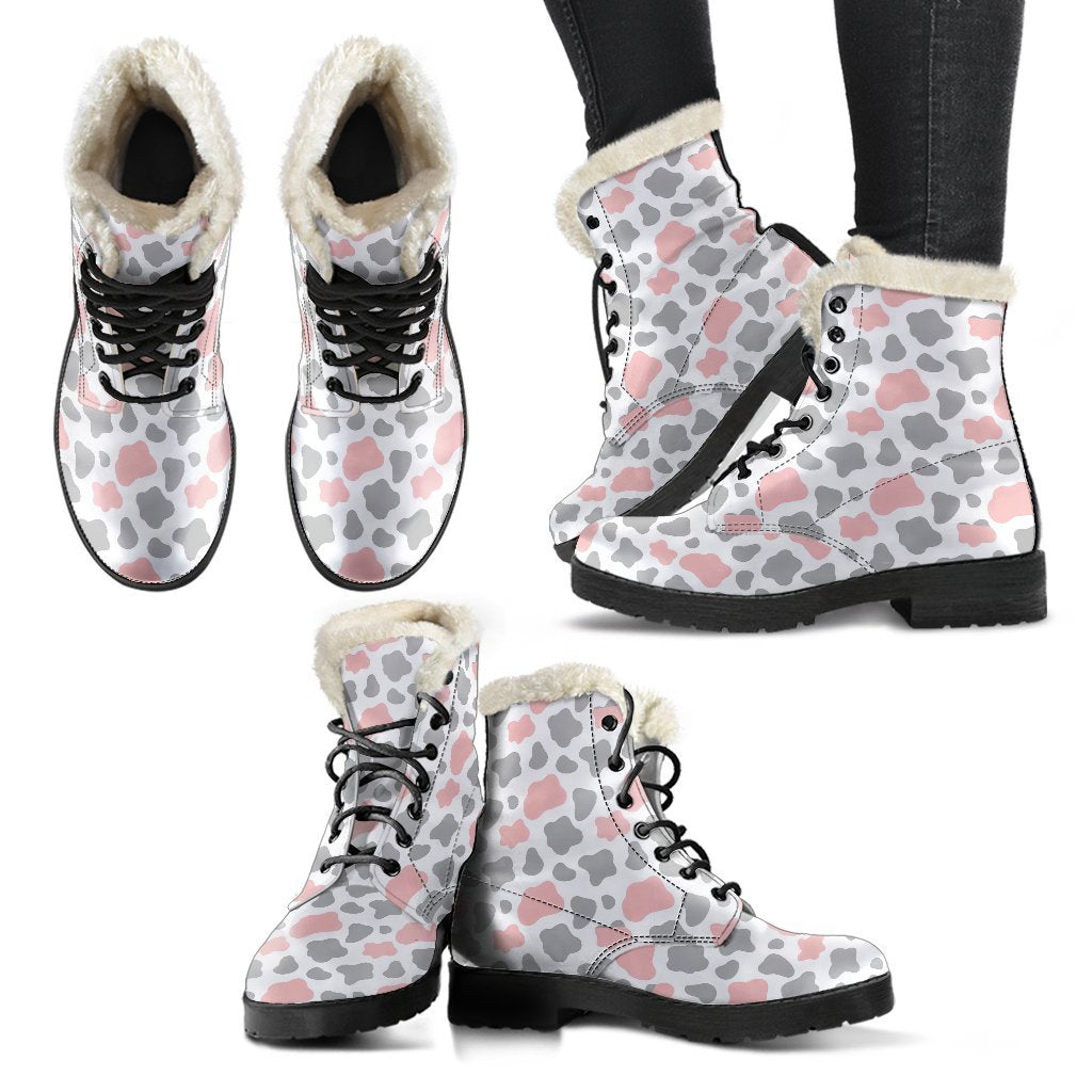 Pink Gray Cow Pattern Print Comfy Winter Boots-grizzshop