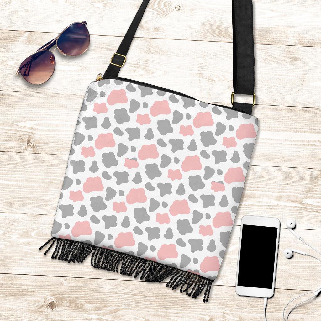 Pink Gray Cow Pattern Print Crossbody Bags-grizzshop