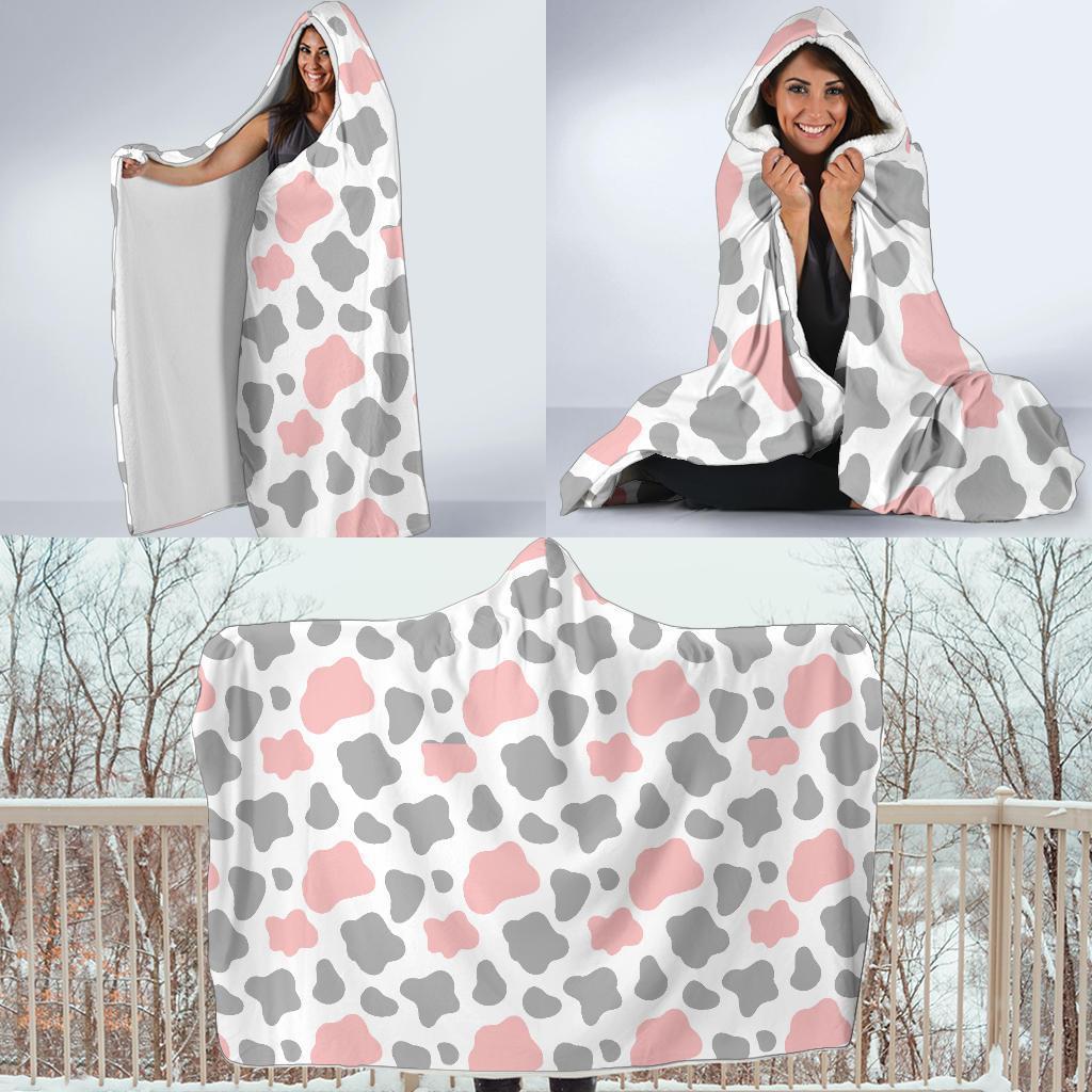 Pink Gray Cow Pattern Print Hooded Blanket-grizzshop