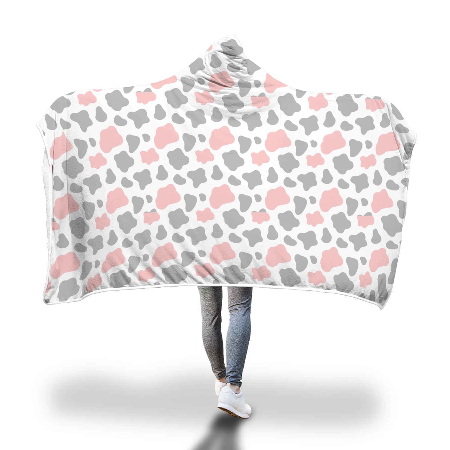 Pink Gray Cow Pattern Print Hooded Blanket-grizzshop