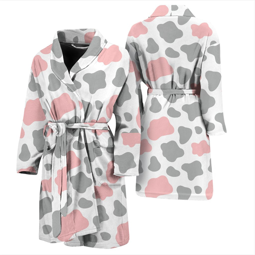 Pink Gray Cow Pattern Print Men Long Robe-grizzshop