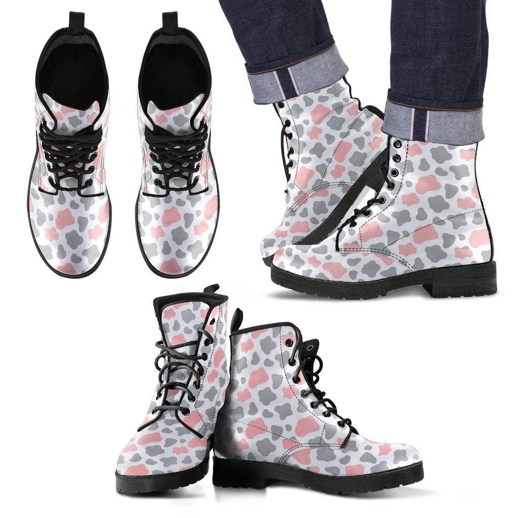 Pink Gray Cow Pattern Print Men Women Leather Boots-grizzshop