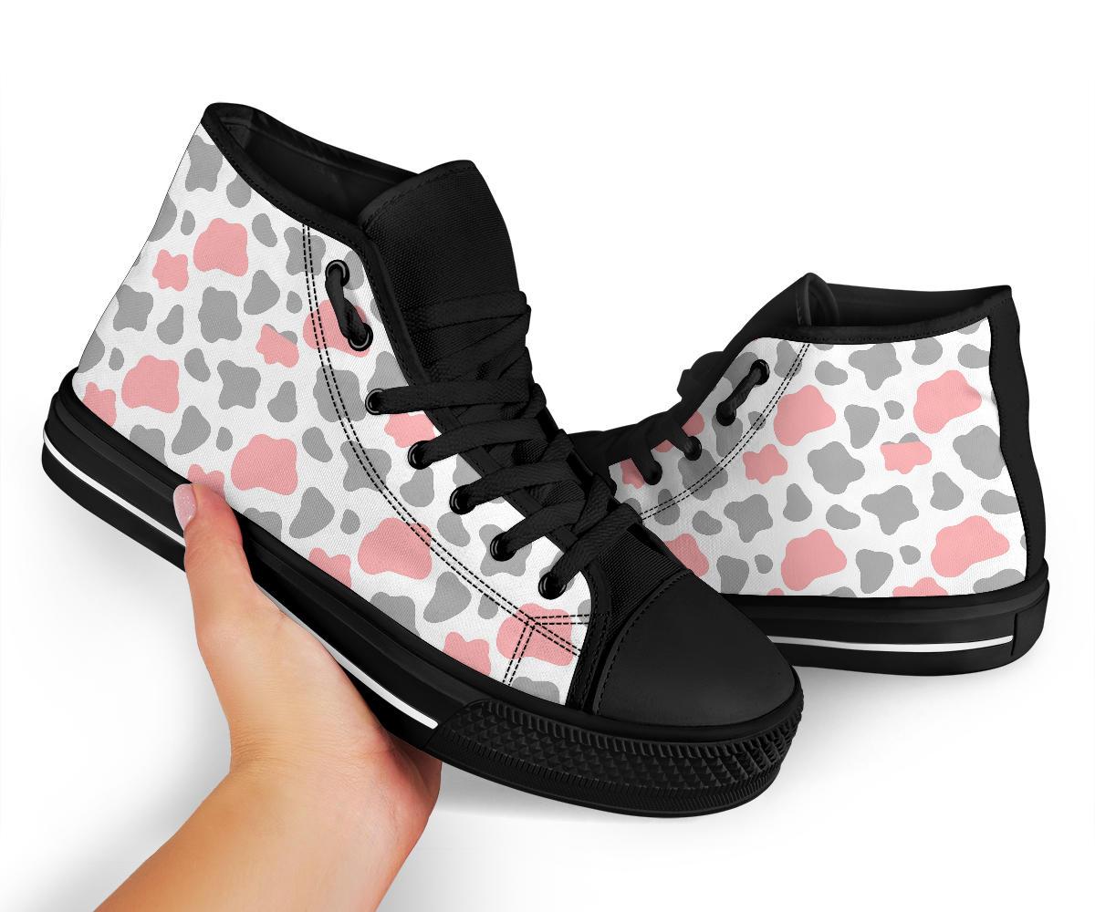 Pink Gray Cow Pattern Print Men Women's High Top Shoes-grizzshop