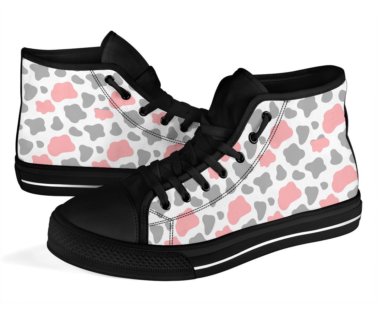 Pink Gray Cow Pattern Print Men Women's High Top Shoes-grizzshop