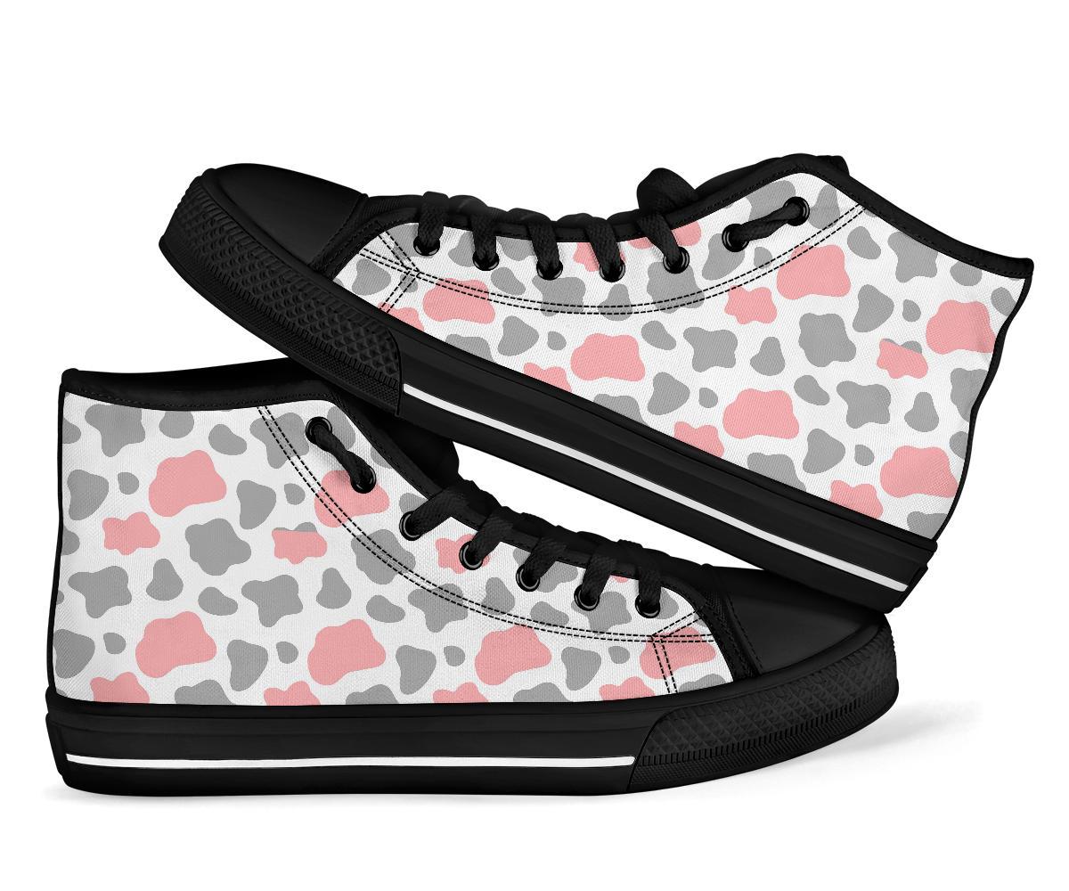 Pink Gray Cow Pattern Print Men Women's High Top Shoes-grizzshop