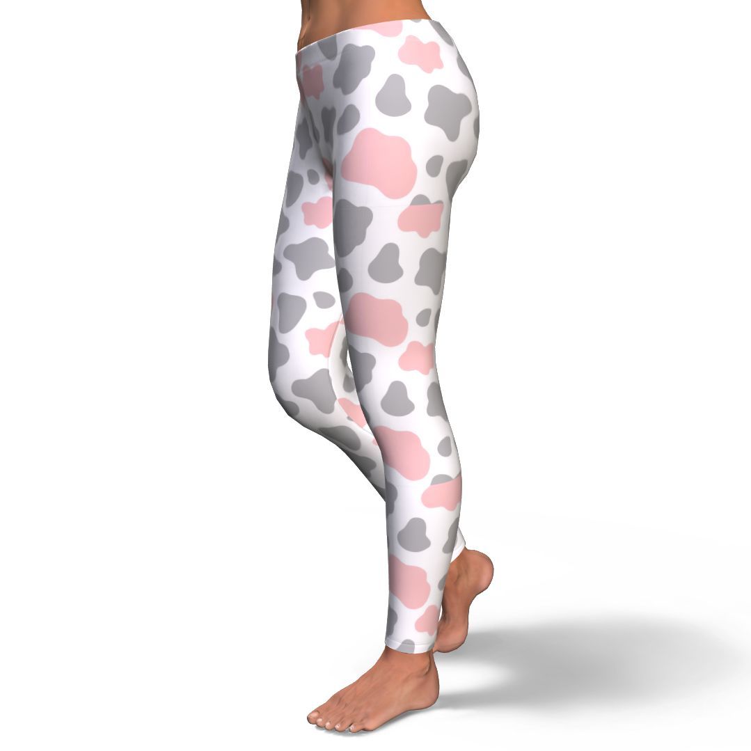 Pink Gray Cow Pattern Print Pattern Women Leggings-grizzshop