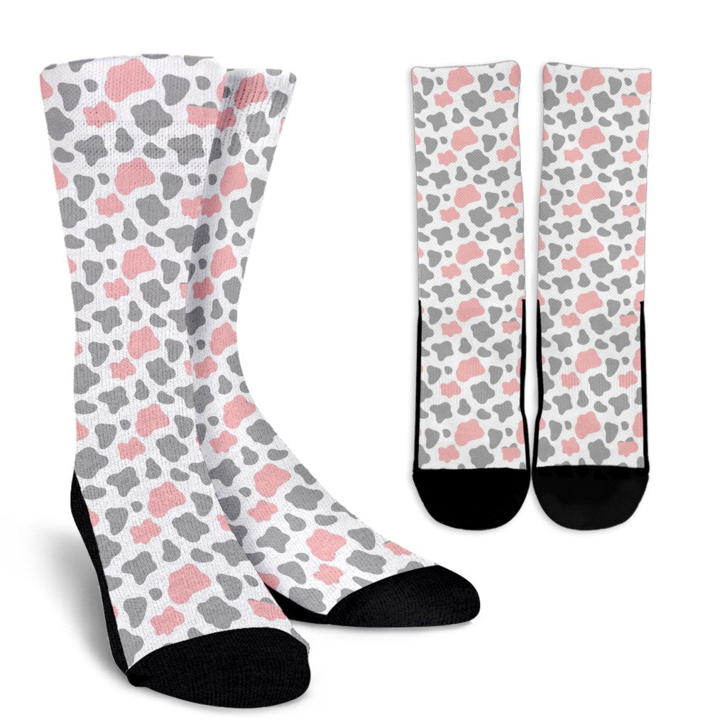 Pink Gray Cow Pattern Print Unisex Crew Socks-grizzshop