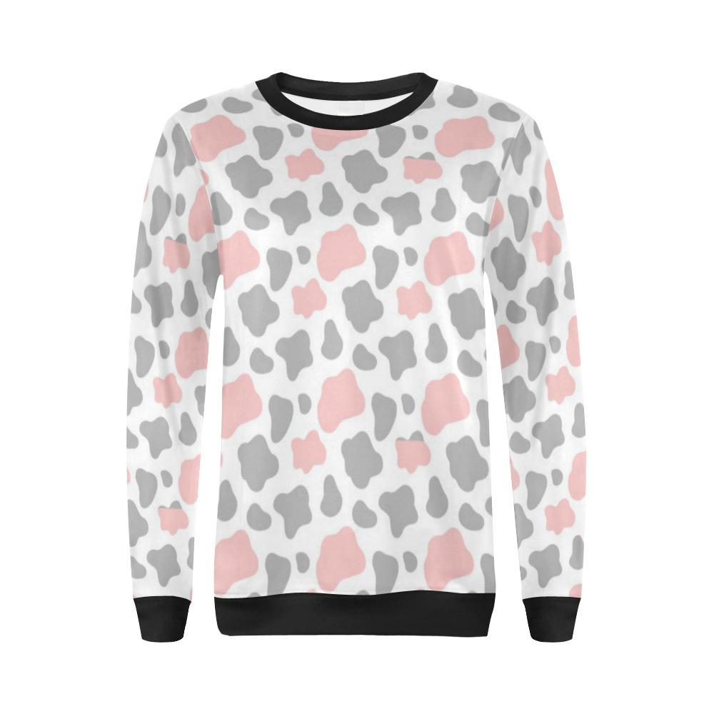 Pink Gray Cow Pattern Print Women Crewneck Sweatshirt-grizzshop