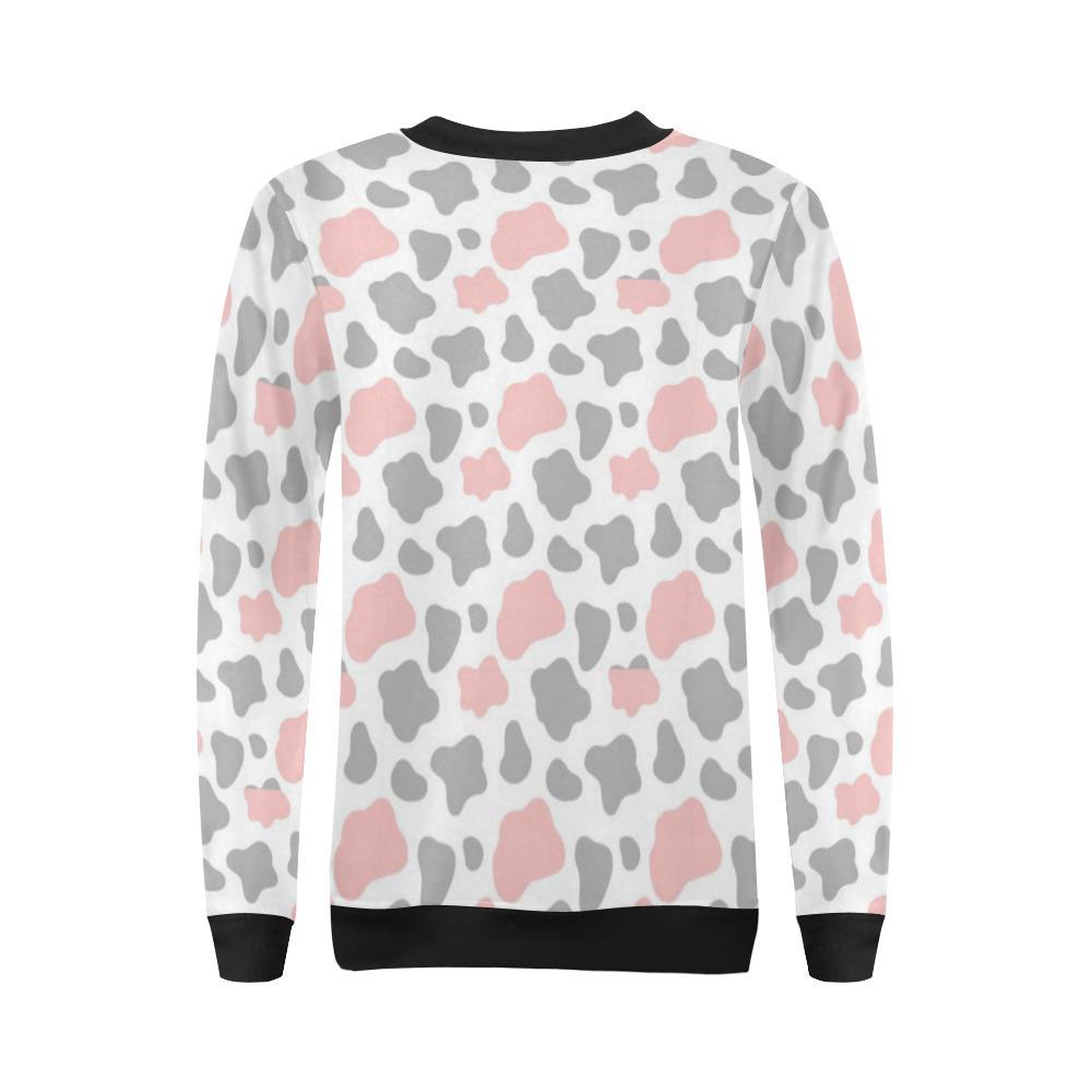 Pink Gray Cow Pattern Print Women Crewneck Sweatshirt-grizzshop