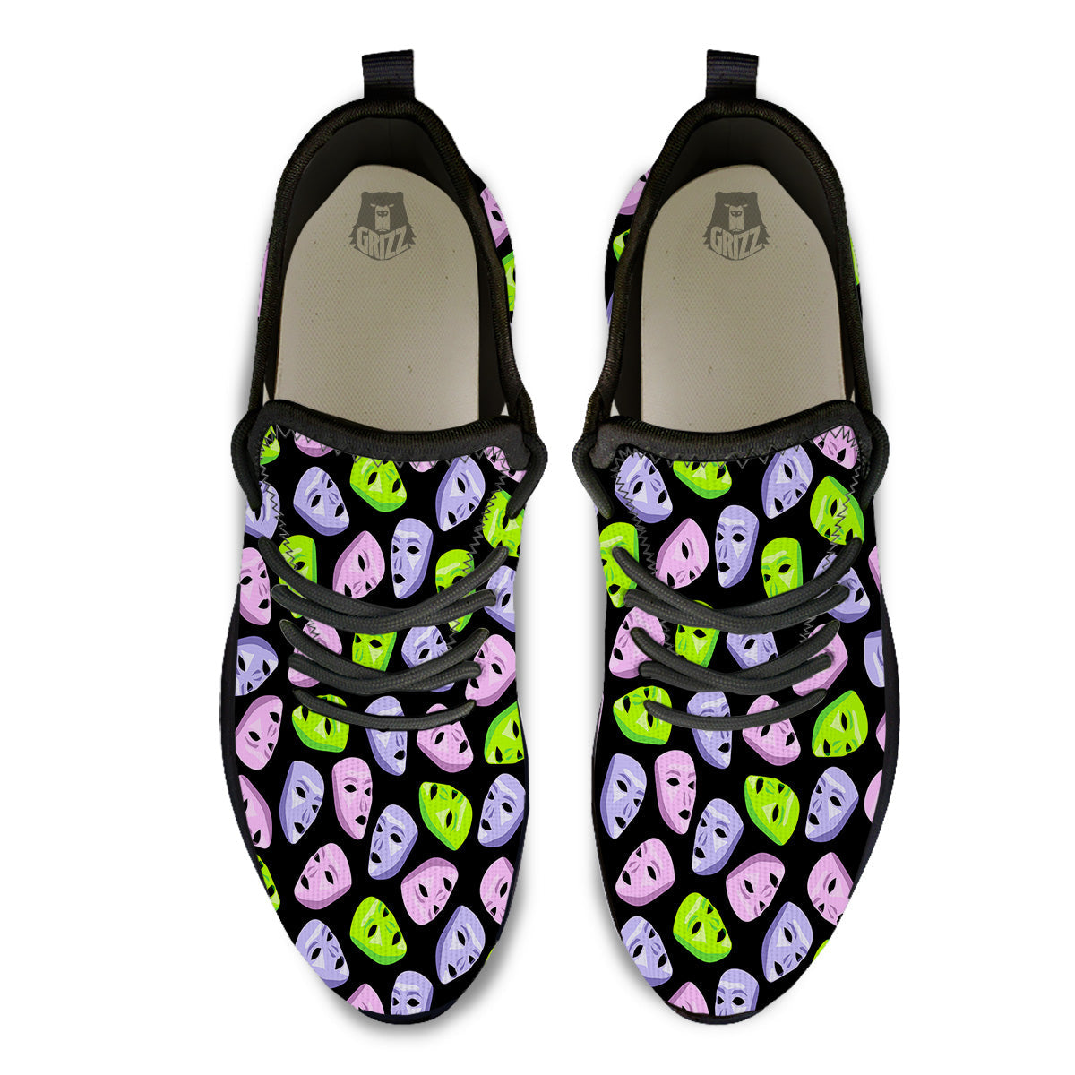 Pink Green And Purple Theater Masks Print Pattern Black Athletic Shoes-grizzshop