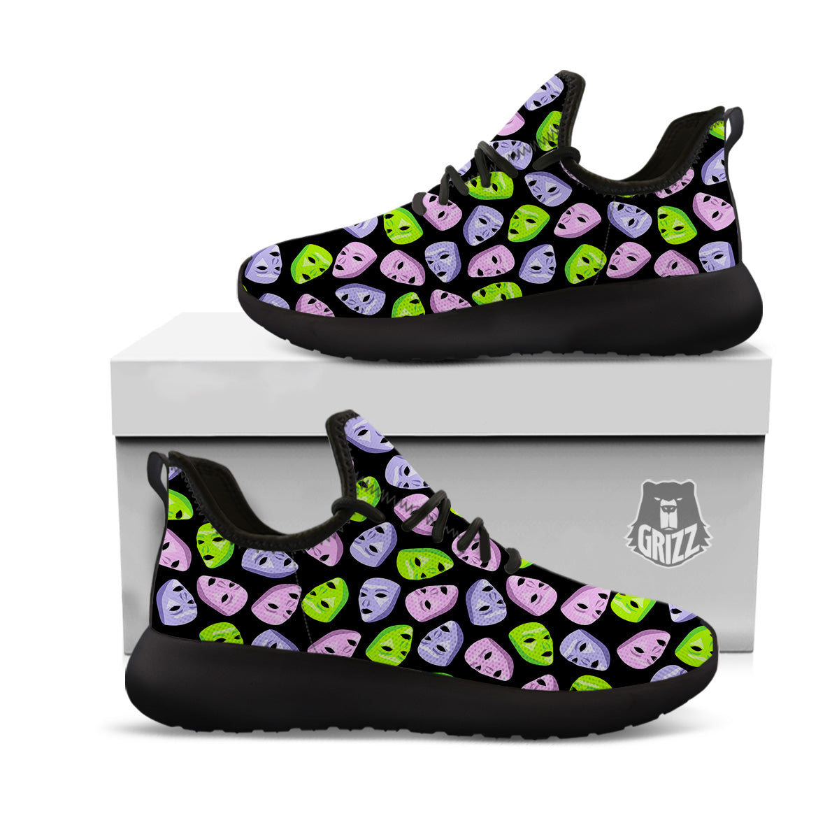 Pink Green And Purple Theater Masks Print Pattern Black Athletic Shoes-grizzshop
