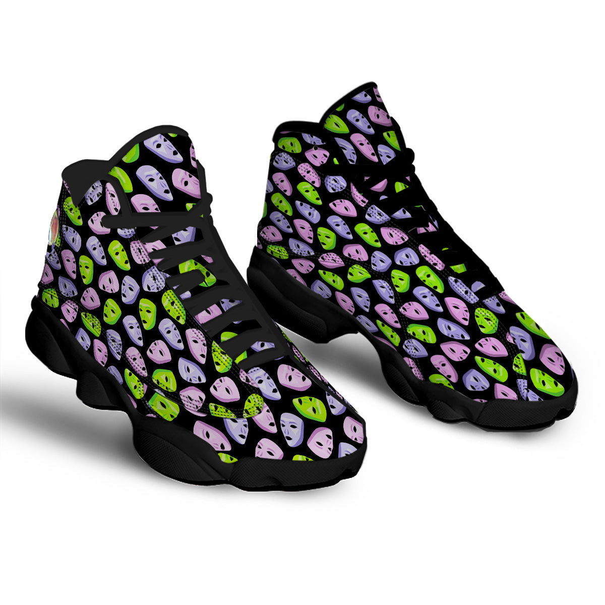 Pink Green And Purple Theater Masks Print Pattern Black Basketball Shoes-grizzshop