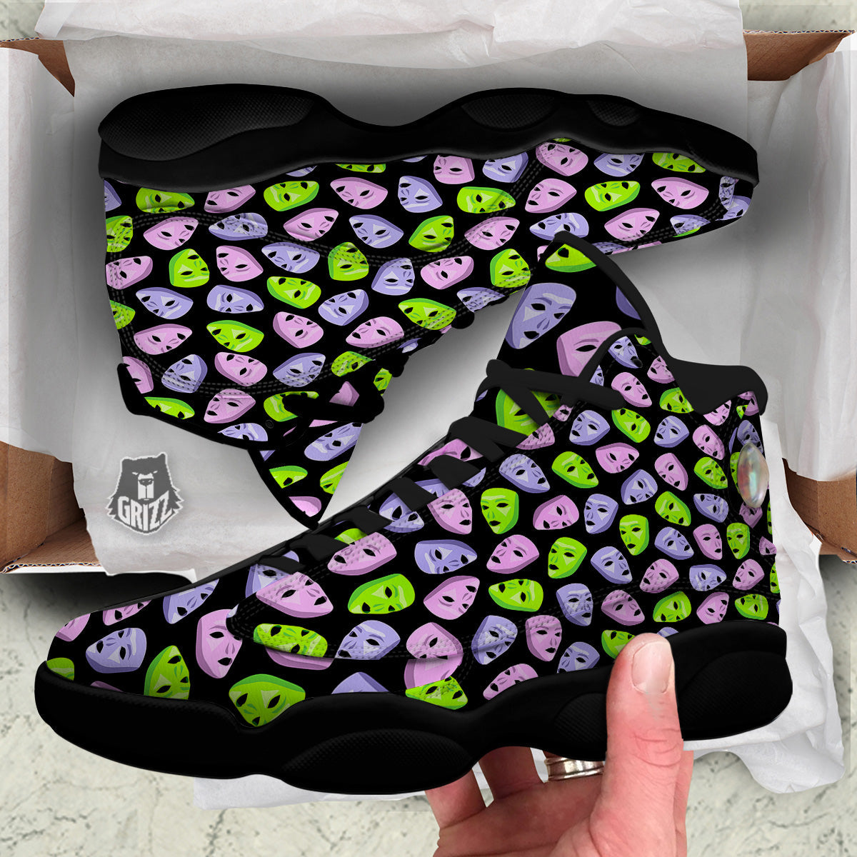 Pink Green And Purple Theater Masks Print Pattern Black Basketball Shoes-grizzshop