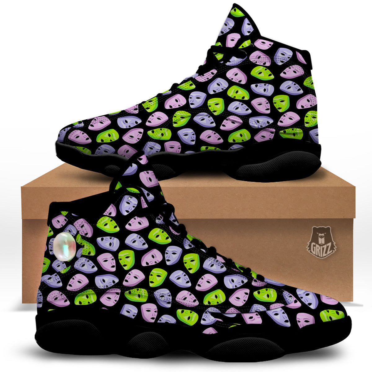 Pink Green And Purple Theater Masks Print Pattern Black Basketball Shoes-grizzshop