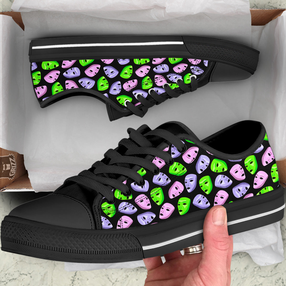 Pink Green And Purple Theater Masks Print Pattern Black Low Top Shoes-grizzshop