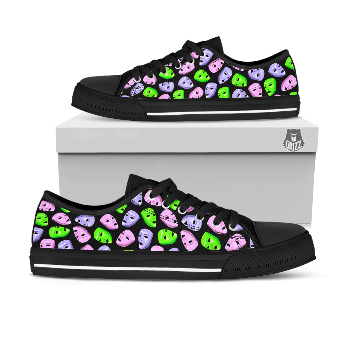 Pink Green And Purple Theater Masks Print Pattern Black Low Top Shoes-grizzshop