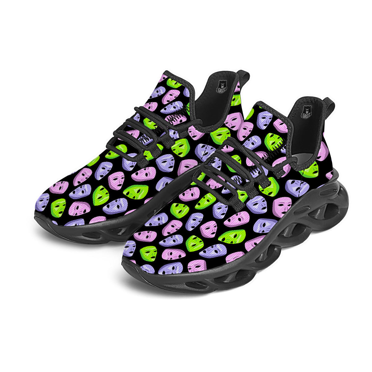 Pink Green And Purple Theater Masks Print Pattern Black Running Shoes-grizzshop