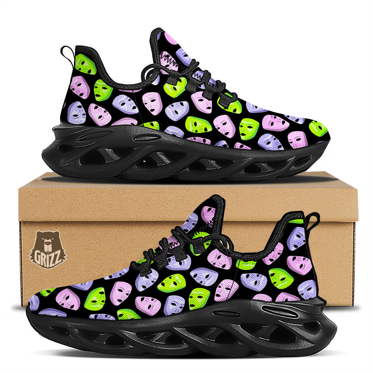 Pink Green And Purple Theater Masks Print Pattern Black Running Shoes-grizzshop
