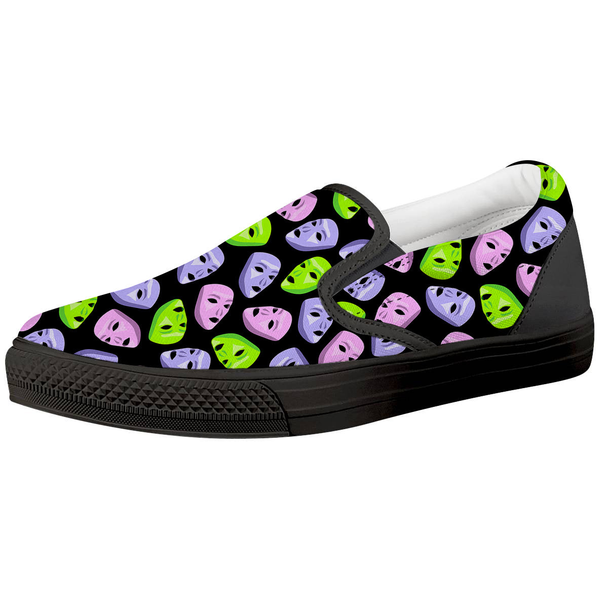 Pink Green And Purple Theater Masks Print Pattern Black Slip On Shoes-grizzshop