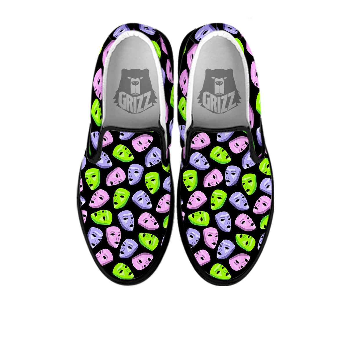 Pink Green And Purple Theater Masks Print Pattern Black Slip On Shoes-grizzshop