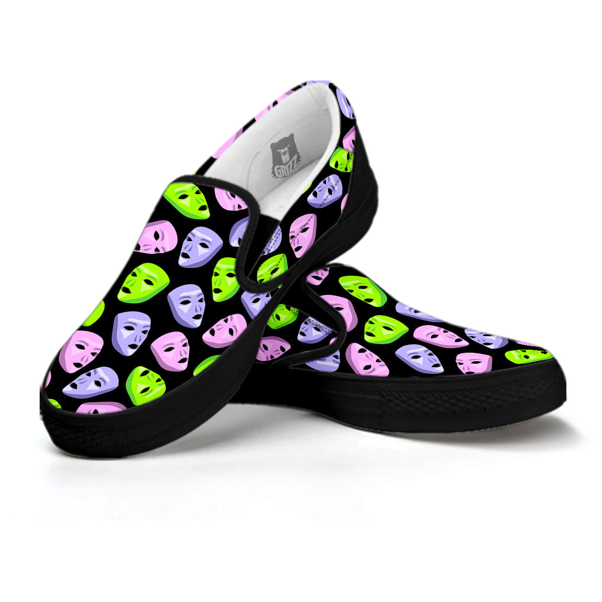 Pink Green And Purple Theater Masks Print Pattern Black Slip On Shoes-grizzshop