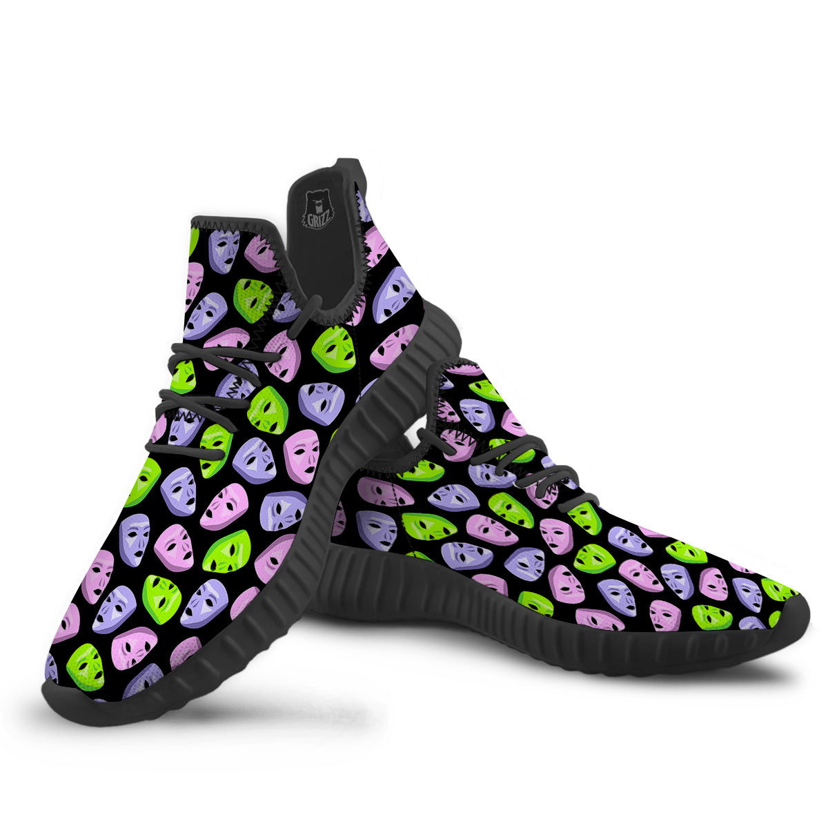 Pink Green And Purple Theater Masks Print Pattern Black Walking Shoes-grizzshop