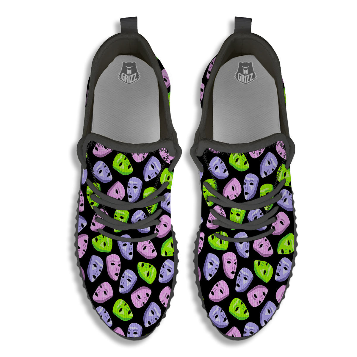 Pink Green And Purple Theater Masks Print Pattern Black Walking Shoes-grizzshop
