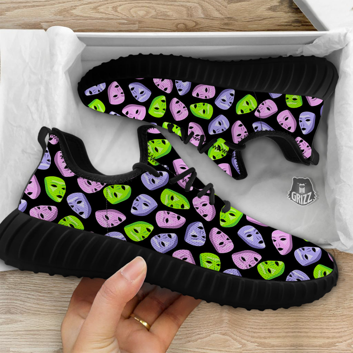 Pink Green And Purple Theater Masks Print Pattern Black Walking Shoes-grizzshop