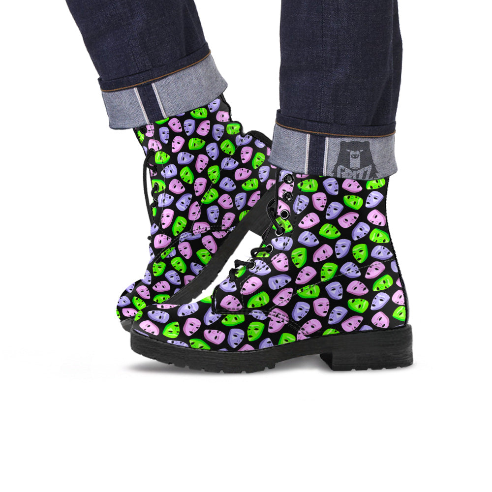 Pink Green And Purple Theater Masks Print Pattern Leather Boots-grizzshop
