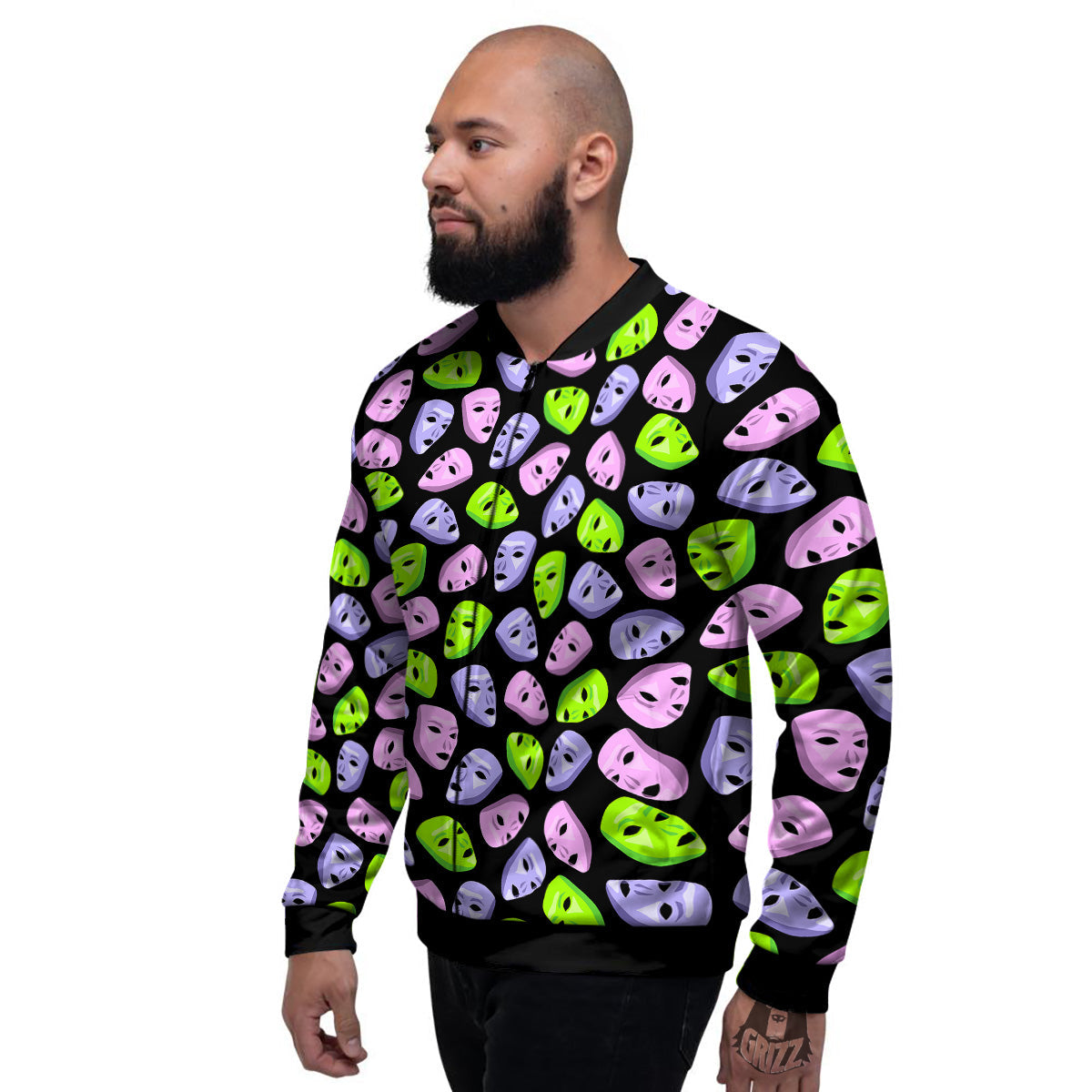 Pink Green And Purple Theater Masks Print Pattern Men's Bomber Jacket-grizzshop