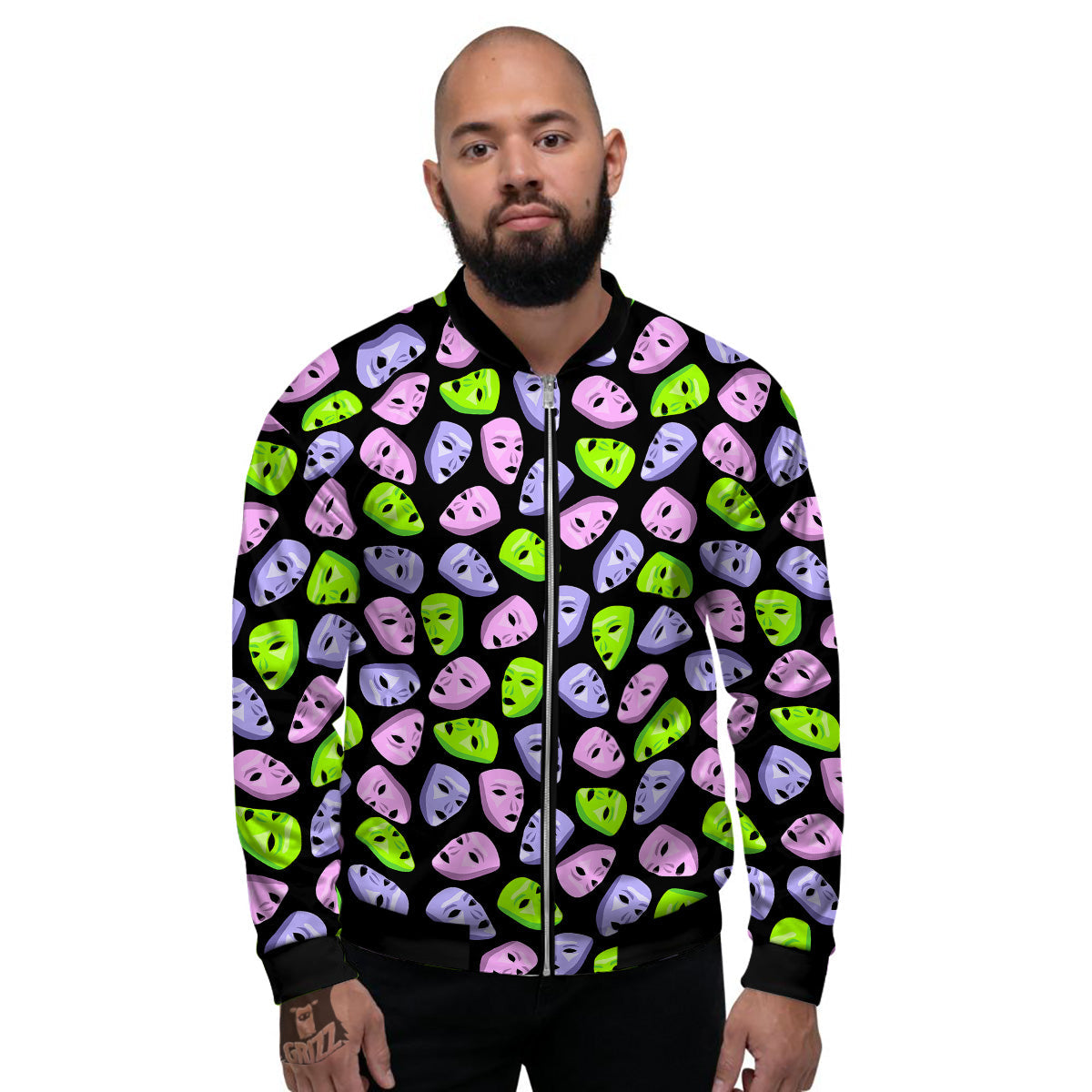 Pink Green And Purple Theater Masks Print Pattern Men's Bomber Jacket-grizzshop