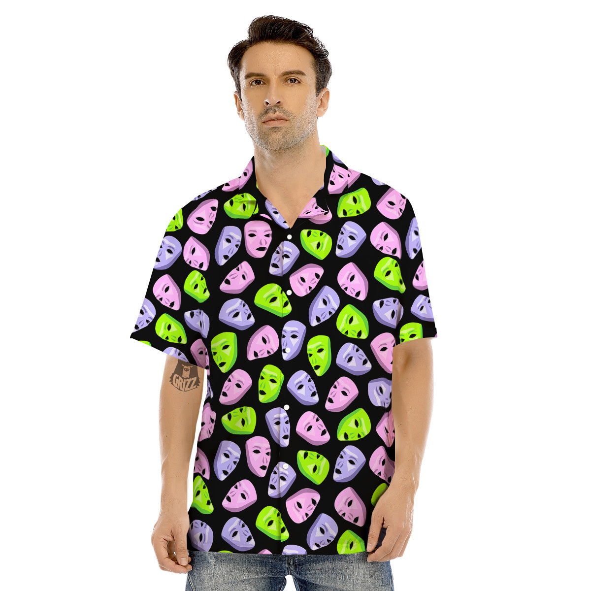 Pink Green And Purple Theater Masks Print Pattern Men's Hawaiian Shirt-grizzshop