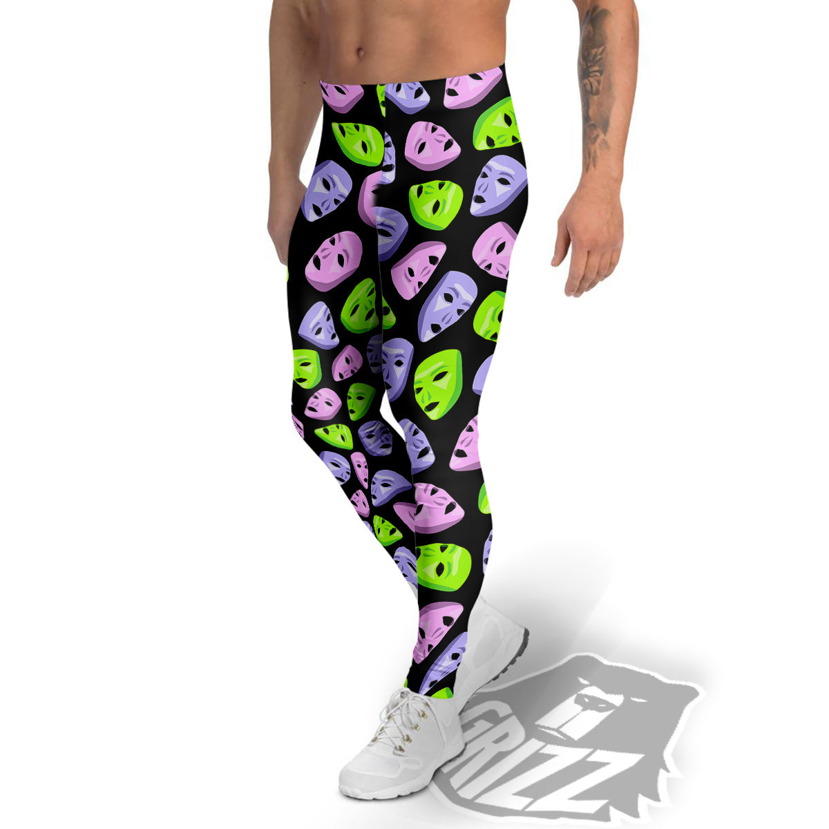 Pink Green And Purple Theater Masks Print Pattern Men's Leggings-grizzshop