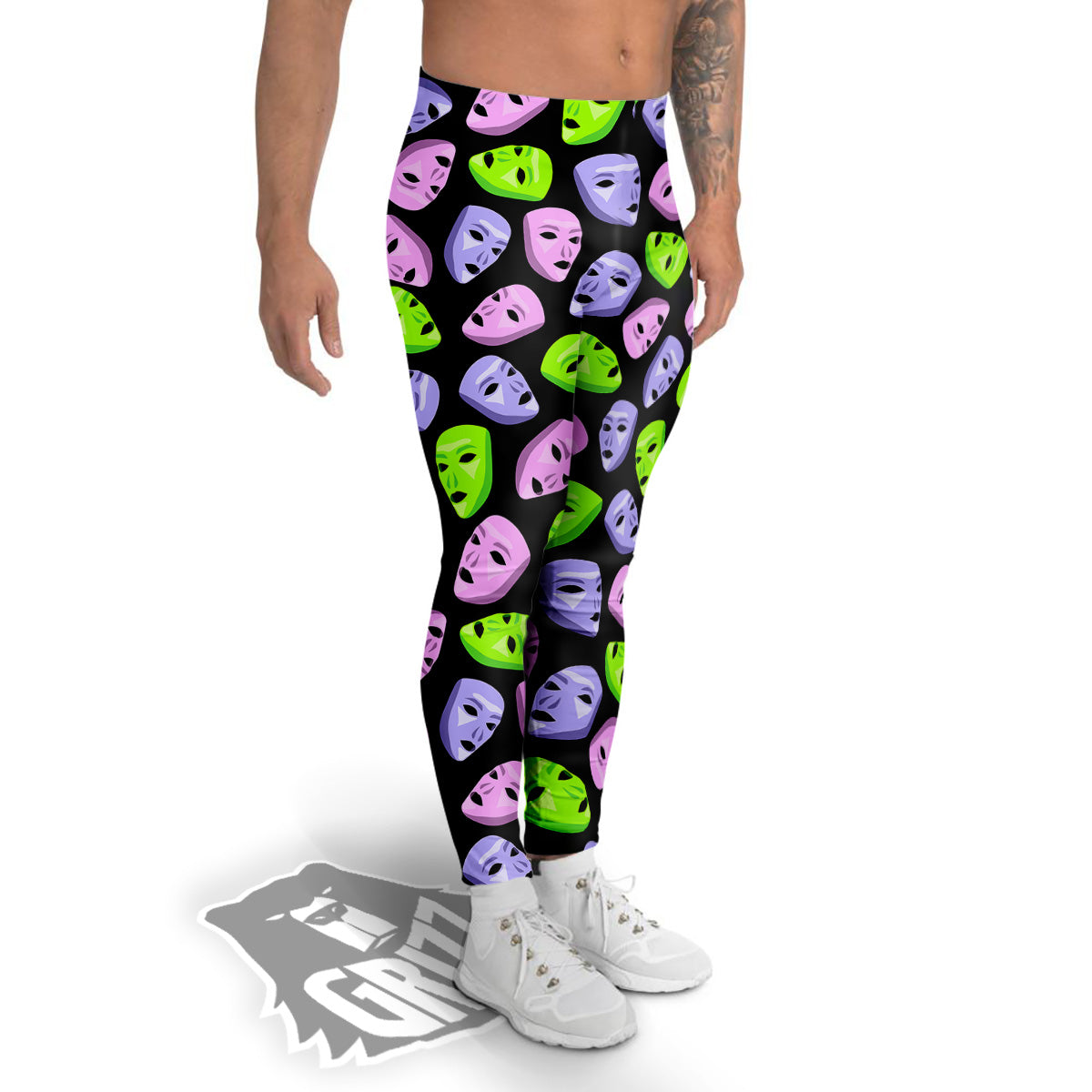 Pink Green And Purple Theater Masks Print Pattern Men's Leggings-grizzshop