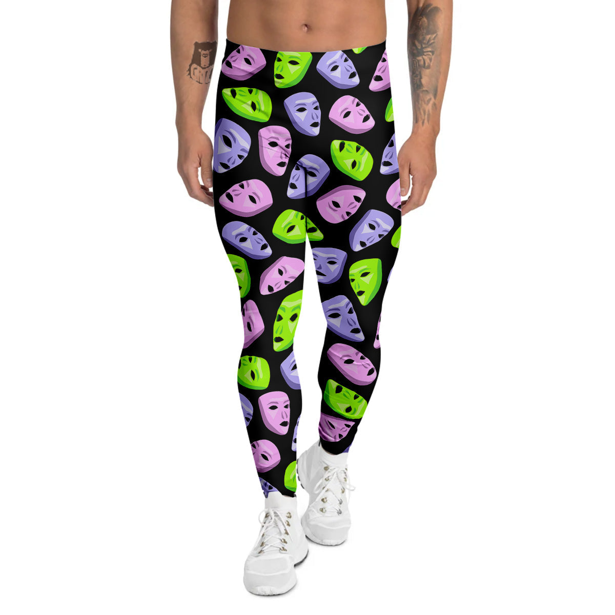 Pink Green And Purple Theater Masks Print Pattern Men's Leggings-grizzshop