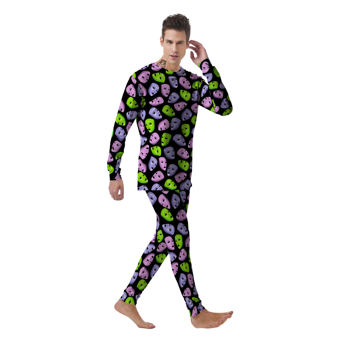 Pink Green And Purple Theater Masks Print Pattern Men's Pajamas-grizzshop