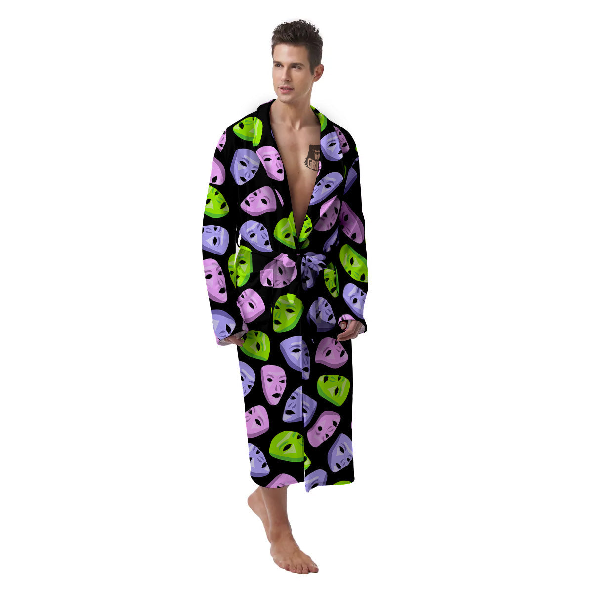 Pink Green And Purple Theater Masks Print Pattern Men's Robe-grizzshop