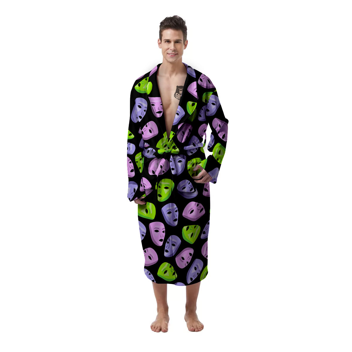 Pink Green And Purple Theater Masks Print Pattern Men's Robe-grizzshop