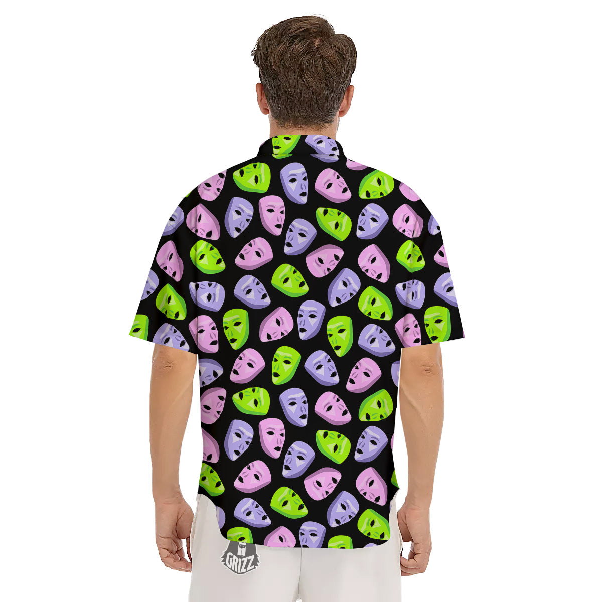 Pink Green And Purple Theater Masks Print Pattern Men's Short Sleeve Shirts-grizzshop