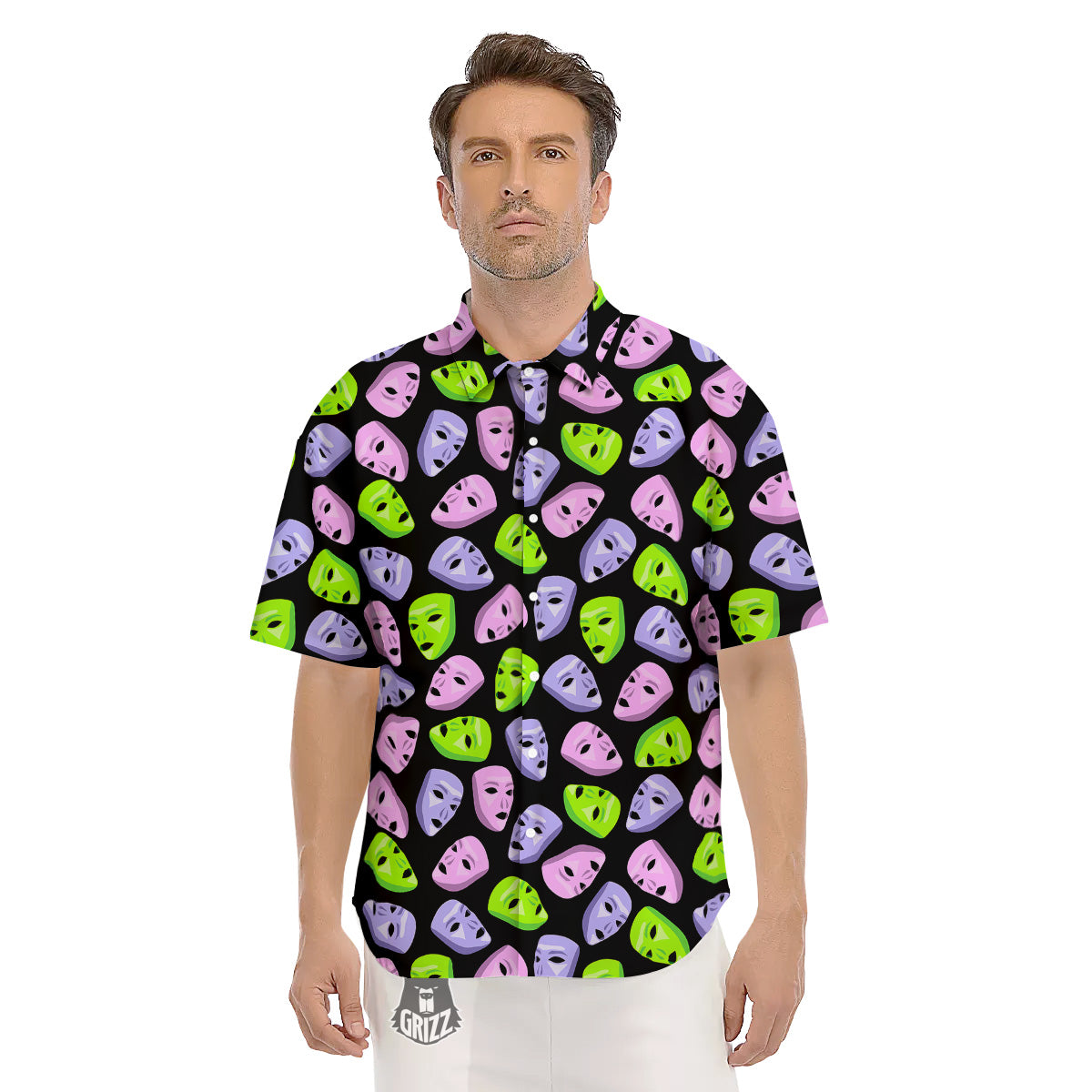Pink Green And Purple Theater Masks Print Pattern Men's Short Sleeve Shirts-grizzshop