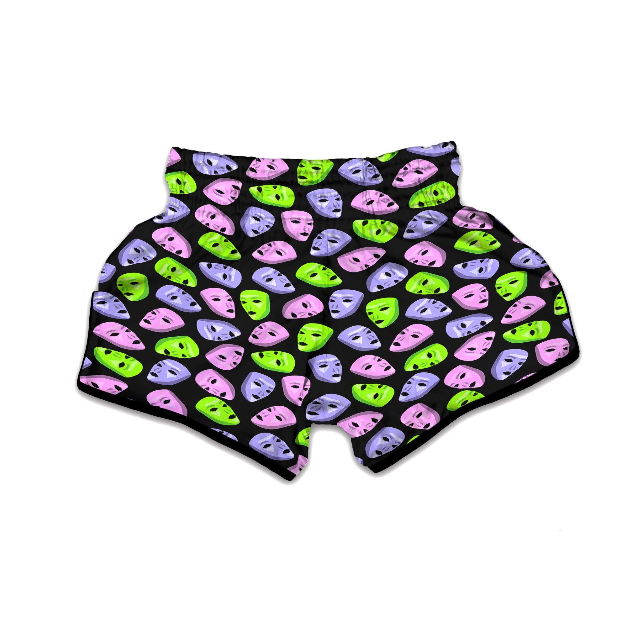 Pink Green And Purple Theater Masks Print Pattern Muay Thai Boxing Shorts-grizzshop