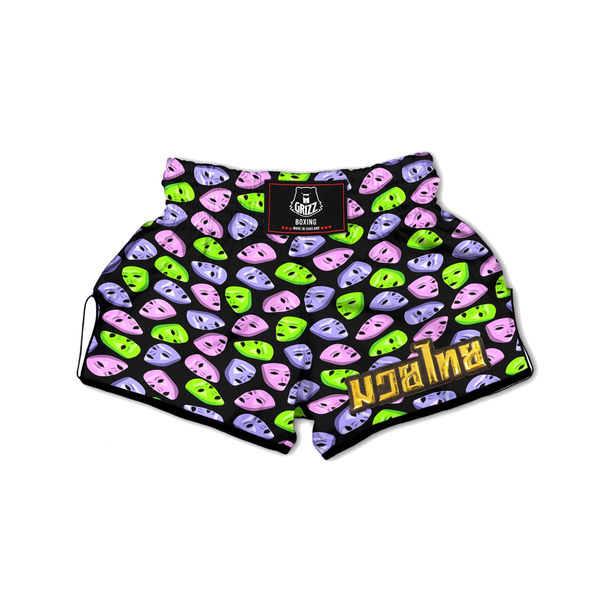 Pink Green And Purple Theater Masks Print Pattern Muay Thai Boxing Shorts-grizzshop