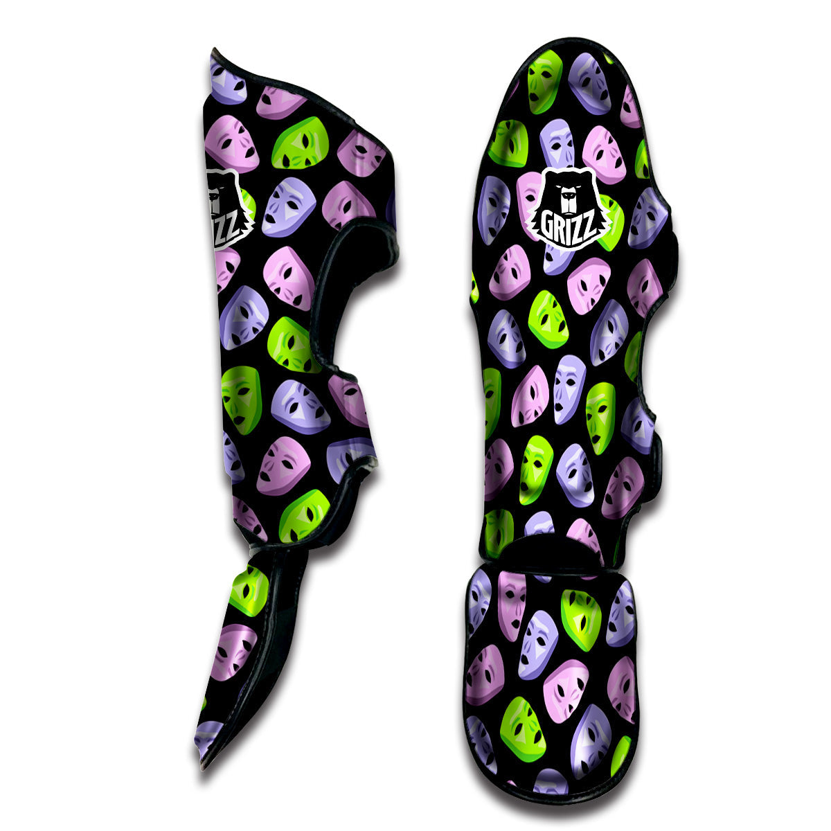 Pink Green And Purple Theater Masks Print Pattern Muay Thai Shin Guards-grizzshop