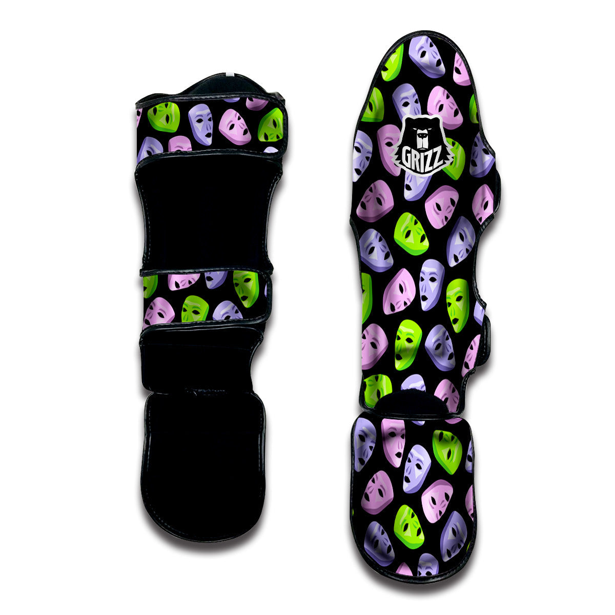 Pink Green And Purple Theater Masks Print Pattern Muay Thai Shin Guards-grizzshop