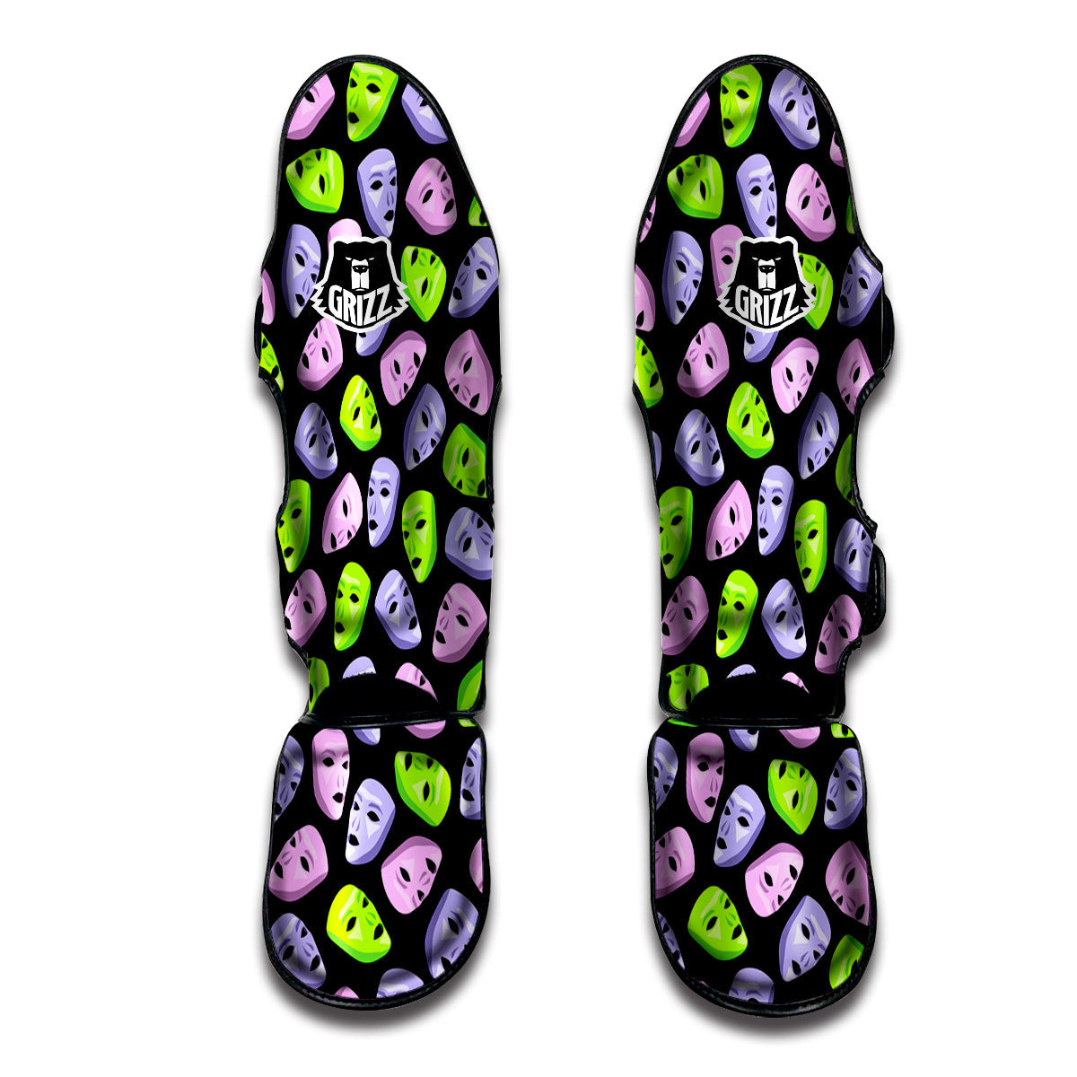Pink Green And Purple Theater Masks Print Pattern Muay Thai Shin Guards-grizzshop