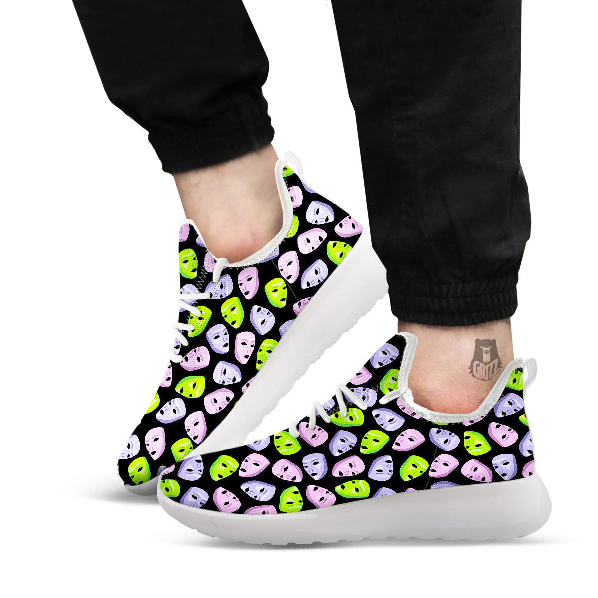 Pink Green And Purple Theater Masks Print Pattern White Athletic Shoes-grizzshop