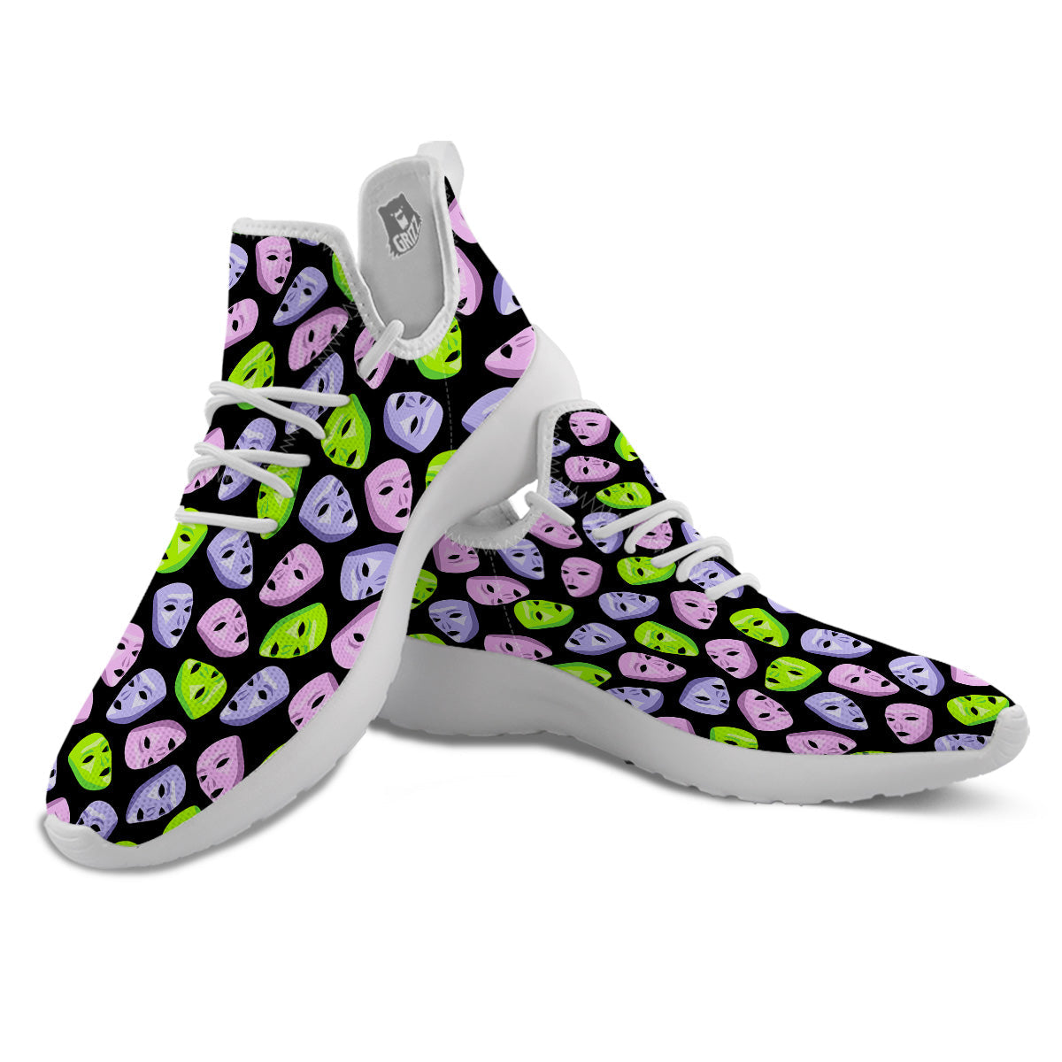 Pink Green And Purple Theater Masks Print Pattern White Athletic Shoes-grizzshop